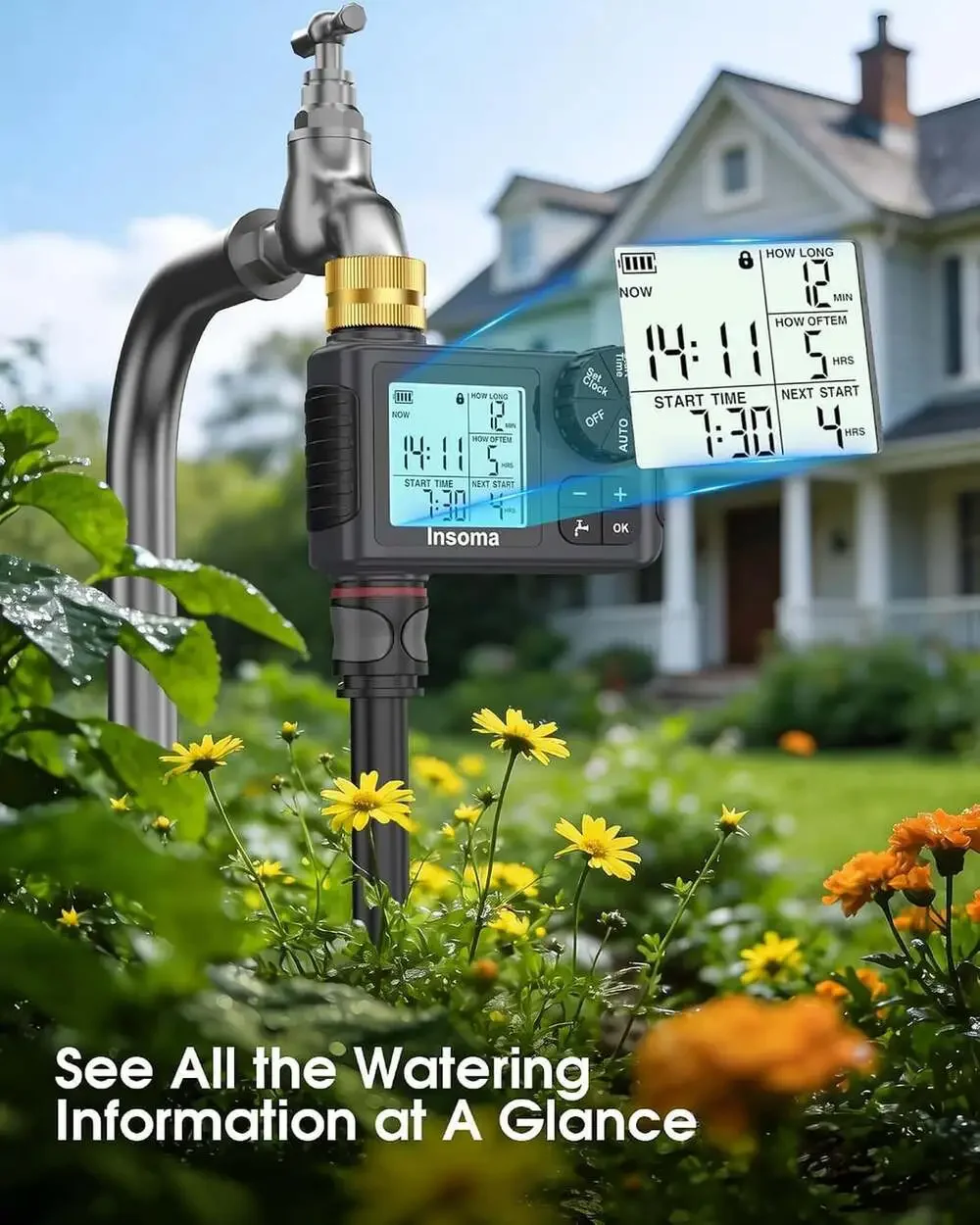 Water Timer for Garden Hose Brass Inlet 1 Outlet LCD Display Auto Manual Rain